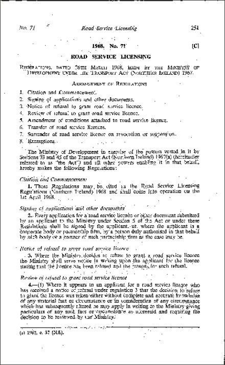 The Road Service Licensing Regulations (Northern Ireland) 1968
