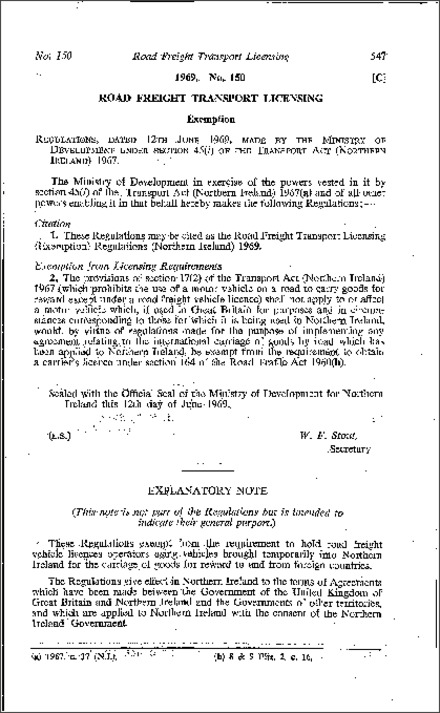 The Road Freight Transport Licensing (Exemption) Regulations (Northern Ireland) 1969
