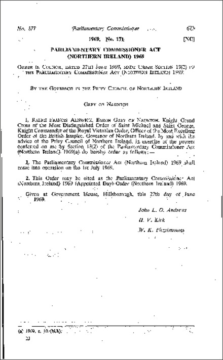 The Parliamentary Commissioner Act (Appointed Day) Order (Northern Ireland) 1969