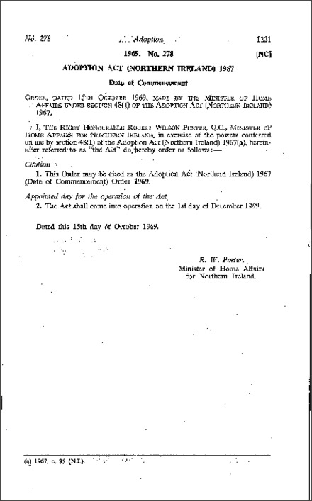 The Adoption Act 1967 (Date of Commencement) Order (Northern Ireland) 1969