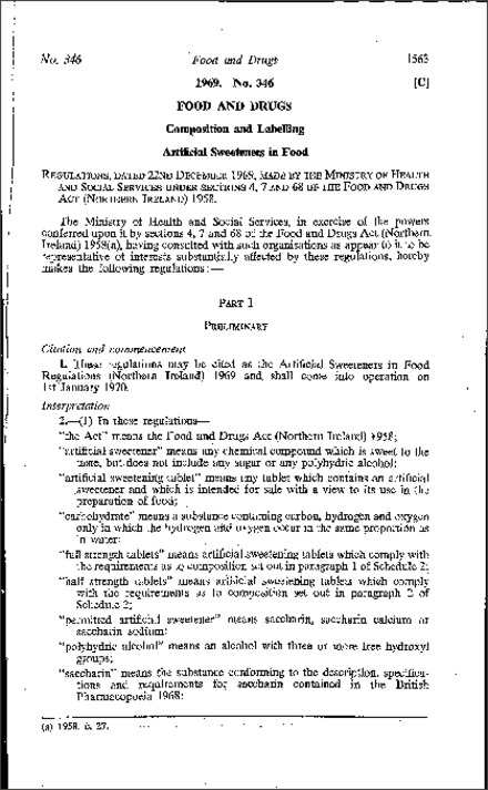 The Artificial Sweeteners in Food Regulations (Northern Ireland) 1969