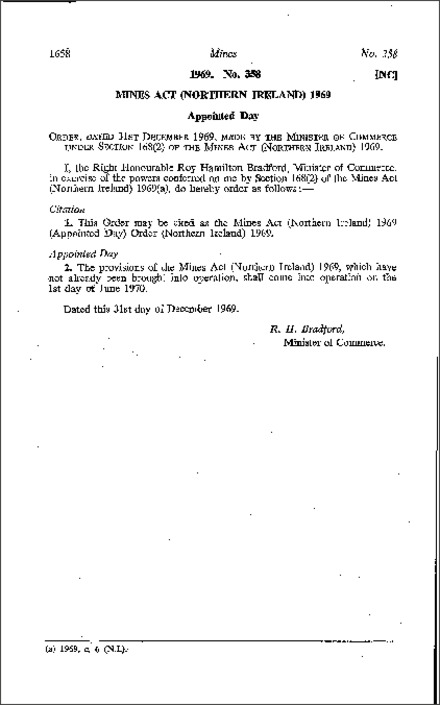 The Mines Act 1969 (Appointed Day) Order (Northern Ireland) 1969