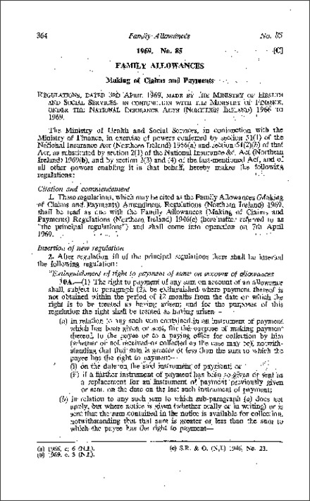 The Family Allowances (Making of Claims and Payments) Amendment Regulations (Northern Ireland) 1969