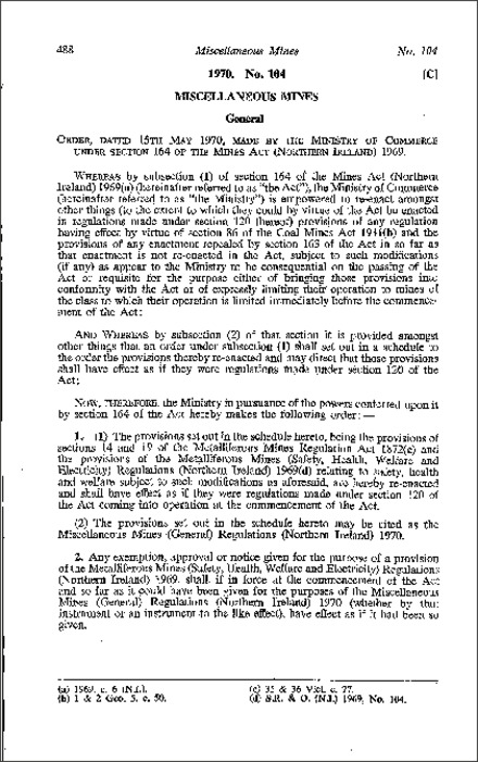 The Miscellaneous Mines (General Regulations) Order (Northern Ireland) 1970