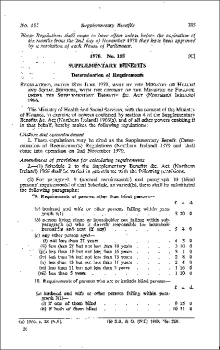 The Supplementary Benefit (Determination of Requirements) Regulations (Northern Ireland) 1970