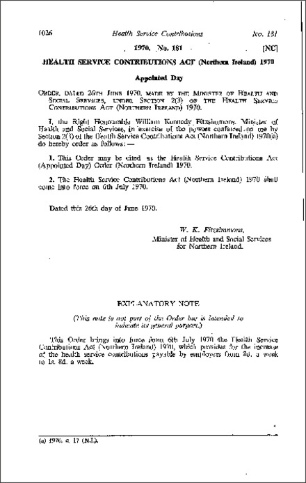 The Health Services Contributions Act (Appointed Day) Order (Northern Ireland) 1970