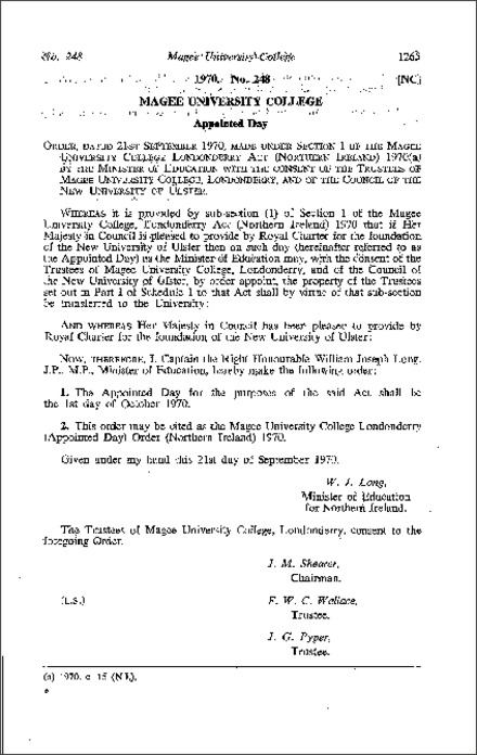 The Magee University College Londonderry (Appointed Day) Order (Northern Ireland) 1970