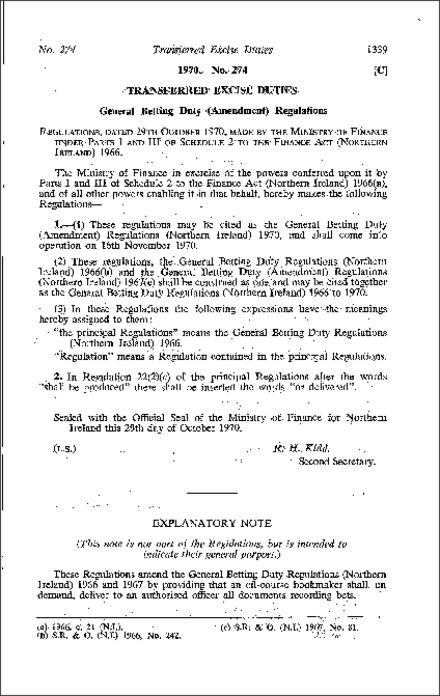 The General Betting Duty (Amendment) Regulations (Northern Ireland) 1970