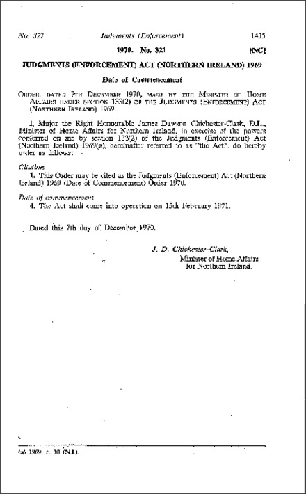 The Judgments (Enforcement) Act 1969 (Date of Commencement) Order (Northern Ireland) 1970
