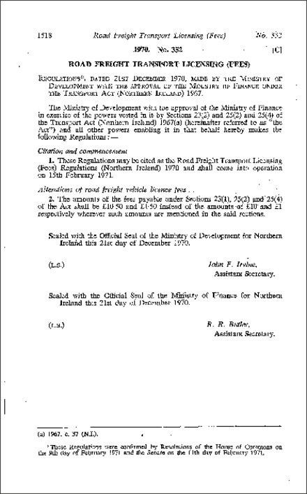 The Road Freight Transport Licensing (Fees) Regulations (Northern Ireland) 1970