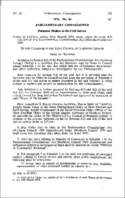 The Parliamentary Commissioner Act 1969 (Amendment) Order (Northern Ireland) 1970