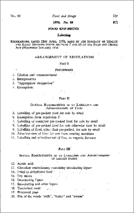The Labelling of Food Regulations (Northern Ireland) 1970