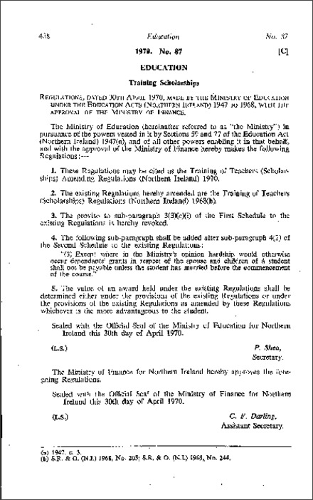 The Training of Teachers (Scholarships) Amendment Regulations (Northern Ireland) 1970