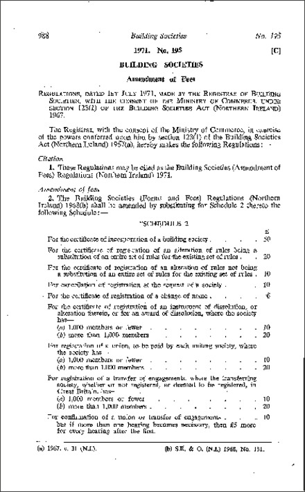The Building Societies (Amendment of Fees) Regulations (Northern Ireland) 1971