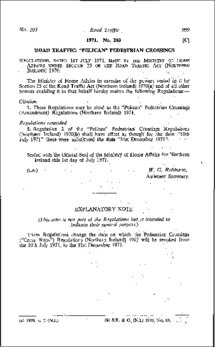 The "Pelican" Pedestrian Crossings (Amendment) Regulations (Northern Ireland) 1971