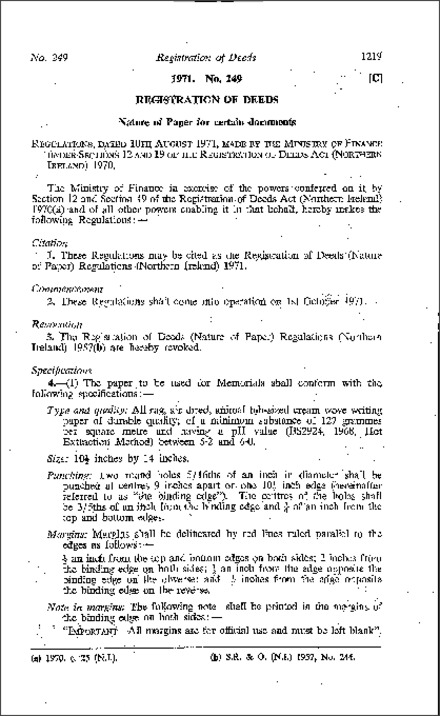 The Registration of Deeds (Nature of Paper) Regulations (Northern Ireland) 1971