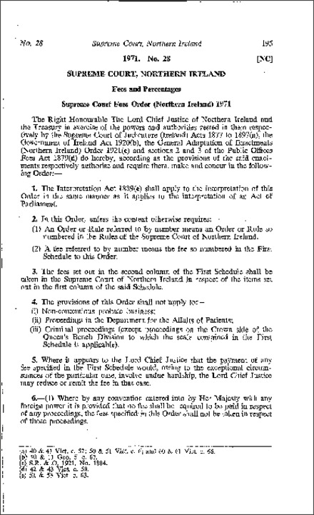 The Supreme Court Fees Order (Northern Ireland) 1971