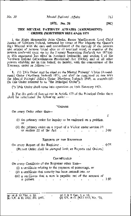 The Mental Patients' Affairs (Amendment) Order (Northern Ireland) 1971