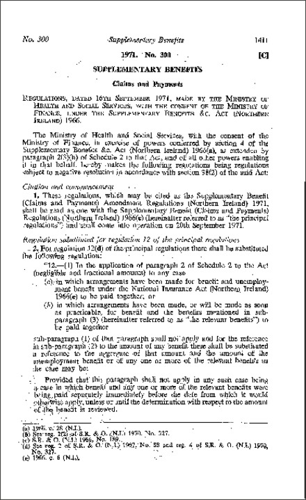 The Supplementary Benefit (Claims and Payments) Amendment Regulations (Northern Ireland) 1971