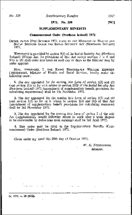 The Supplementary Benefits (Commencement) Order (Northern Ireland) 1971