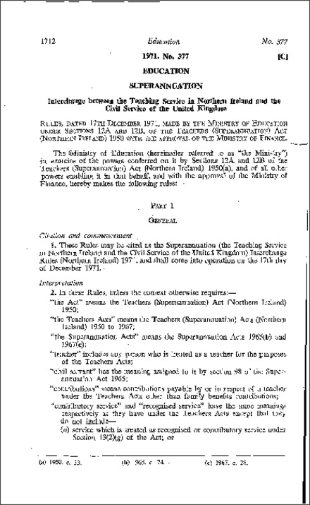 The Superannuation (Teaching Service in Northern Ireland and the Civil Service of the UK) Interchange Rules (Northern Ireland) 1971