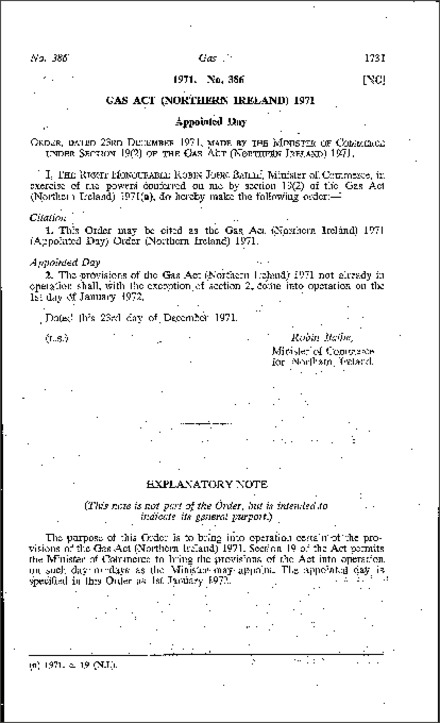 The Gas Act 1971 (Appointed Day) Order (Northern Ireland) 1971