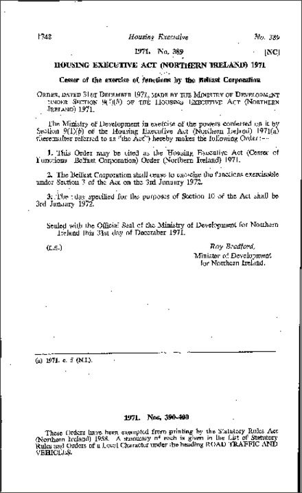 The Housing Executive Act (Cesser of Functions - Belfast Corporation) Order (Northern Ireland) 1971