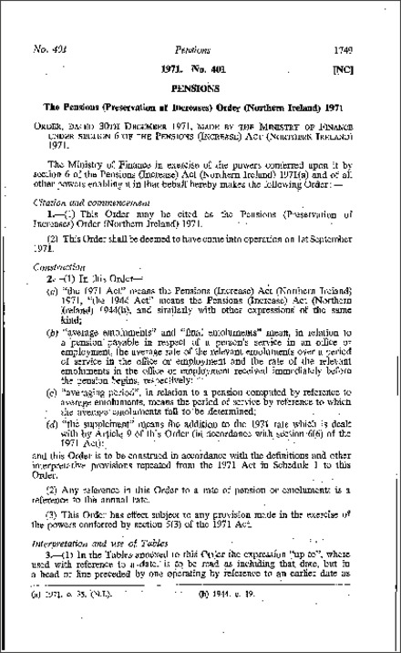 The Pensions (Preservation of Increases) Order (Northern Ireland) 1971