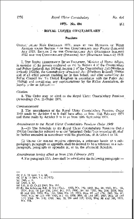 The Royal Ulster Constabulary Pensions (Amendment) (No. 2) Order (Northern Ireland) 1971