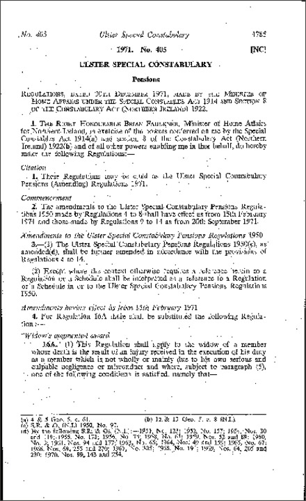 The Ulster Special Constabulary Pensions (Amendment) Regulations (Northern Ireland) 1971