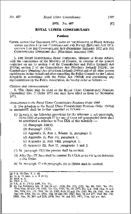 The Royal Ulster Constabulary Pensions (Amendment) (No. 3) Order (Northern Ireland) 1971