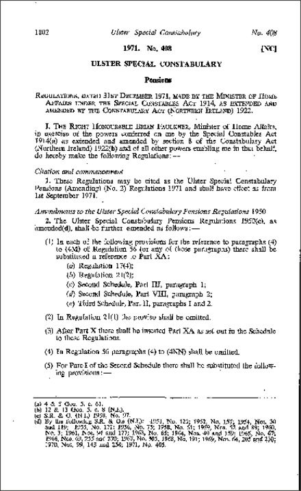 The Ulster Special Constabulary Pensions (Amendment) (No. 2) Regulations (Northern Ireland) 1971