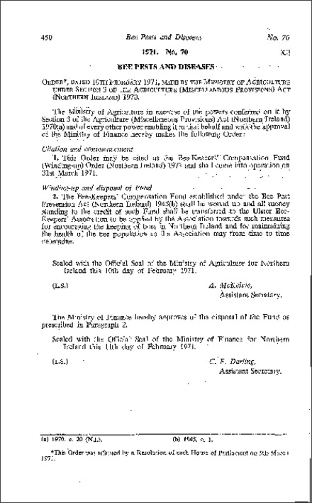 The Bee-Keepers' Compensation Fund (Winding-up) Order (Northern Ireland) 1971