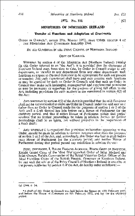 The Ministries (Transfer of Functions) Order (Northern Ireland) 1972