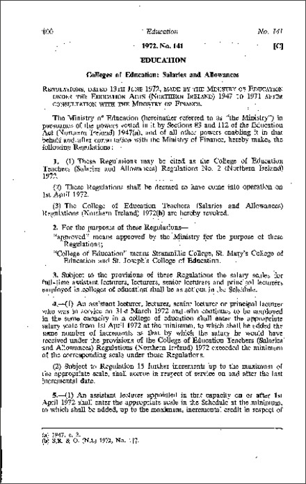 The College of Education Teachers (Salaries and Allowances) Regulations No. 2 (Northern Ireland) 1972