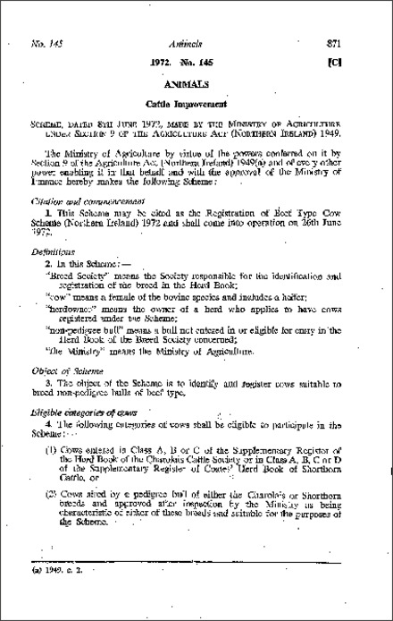 The Registration of Beef Type Cow Scheme (Northern Ireland) 1972