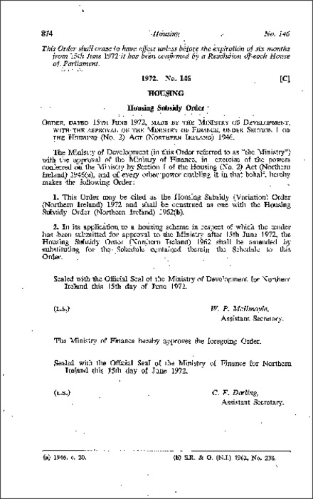 The Housing Subsidy (Variation) Order (Northern Ireland) 1972