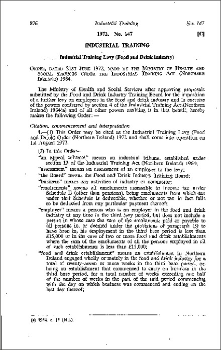 The Industrial Training Levy (Food and Drink) Order (Northern Ireland) 1972