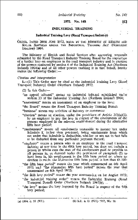 The Industrial Training Levy (Road Transport Industry) Order (Northern Ireland) 1972