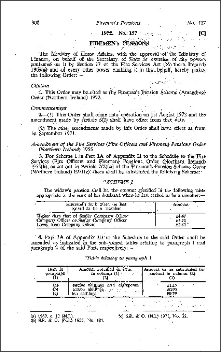 The Fireman's Pension Scheme (Amendment) Order (Northern Ireland) 1972