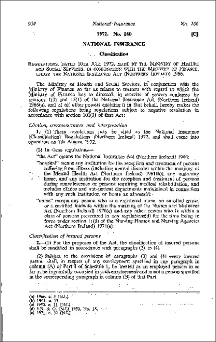 The National Insurance (Classification) Regulations (Northern Ireland) 1972