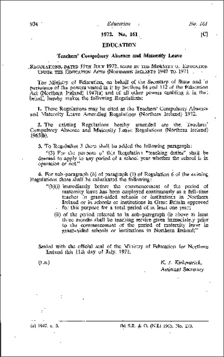 The Teachers' Compulsory Absence and Maternity Leave Amendment Regulations (Northern Ireland) 1972