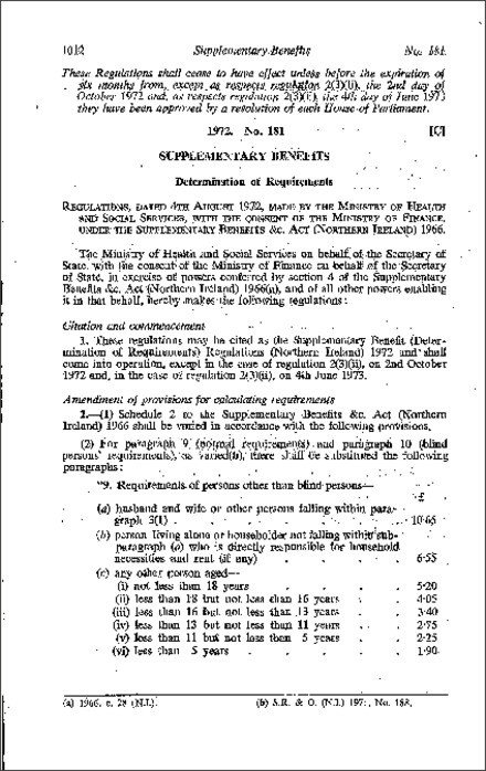 The Supplementary Benefit (Determination of Requirements) Regulations (Northern Ireland) 1972