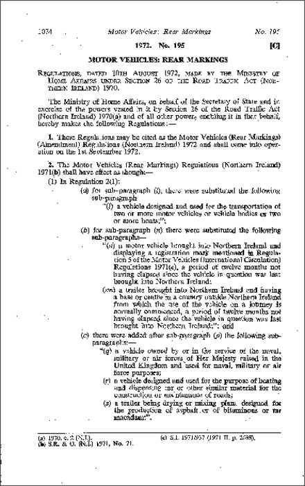 The Motor Vehicles (Rear Markings) (Amendment) Regulations (Northern Ireland) 1972