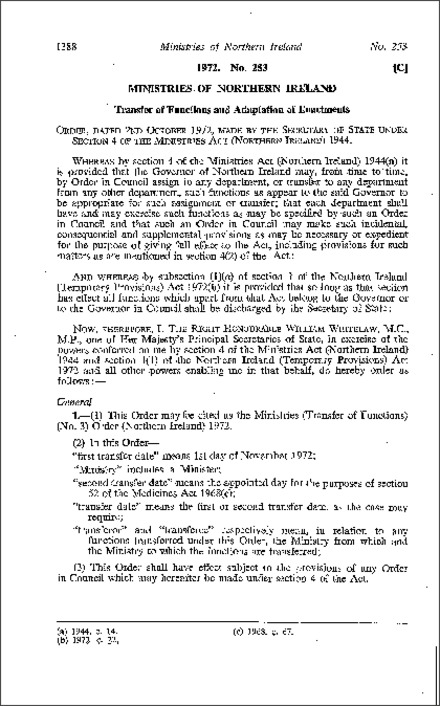The Ministries (Transfer of Functions) (No. 3) Order (Northern Ireland) 1972