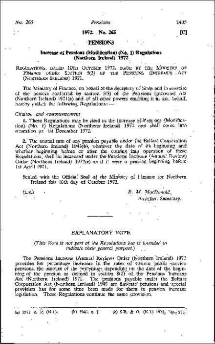 The Increase of Pensions (Modification) (No. 1) Regulations (Northern Ireland) 1972