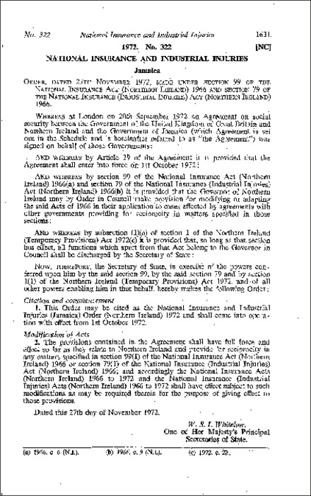 The National Insurance and Industrial Injuries (Jamaica) Order (Northern Ireland) 1972