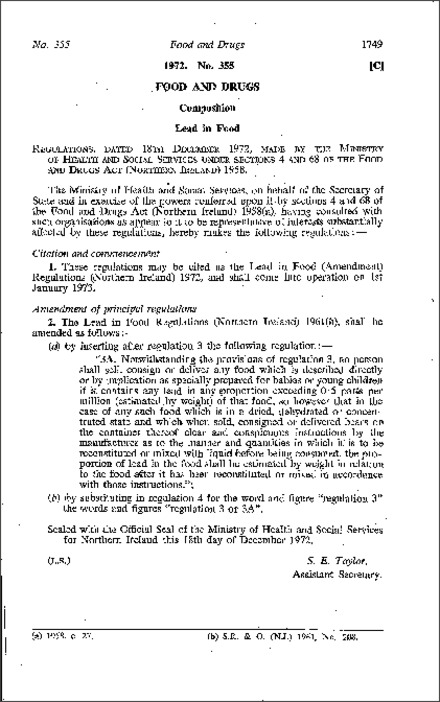 The Lead in Food (Amendment) Regulations (Northern Ireland) 1972