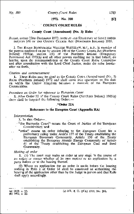 The County Court (Amendment) (No. 3) Rules (Northern Ireland) 1972