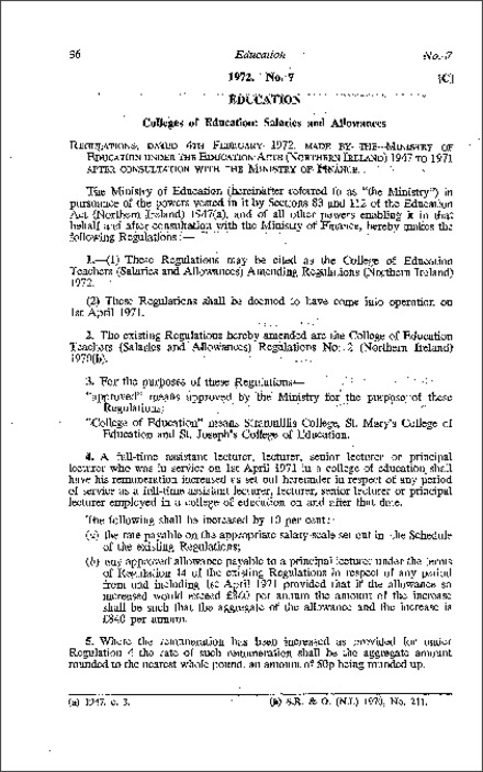 The College of Education Teachers (Salaries and Allowances) Amendment Regulations (Northern Ireland) 1972